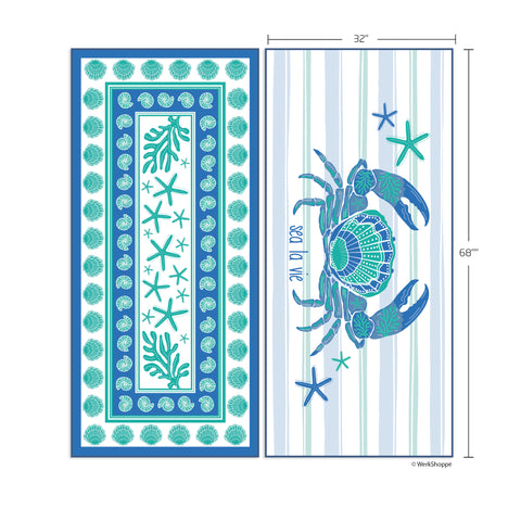 Sea La Vie GO BIG Towel, crab & seashell towel, best microfiber beach towel, artist designed towels