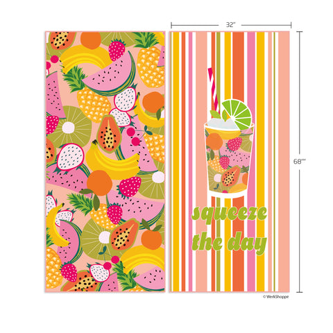 Squeeze The Day GO BIG Towel, tropical fruit smoothie art, reversible microfiber beach towels, artistic towels, beach towel