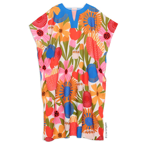 Jolies Fleurs Caftan, art by lisa congdon, pool & beach cover up,
artist designed caftan, kaftan beach coverup, resortwear