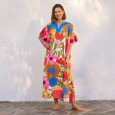 Jolies Fleurs Caftan, art by lisa congdon, pool & beach cover up,
artist designed caftan, kaftan beach coverup, resortwear