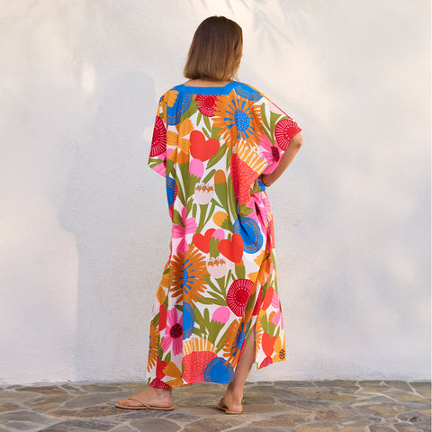 Jolies Fleurs Caftan, art by lisa congdon, pool & beach cover up,
artist designed caftan, kaftan beach coverup, resortwear