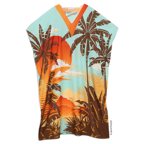 Take It Easy Caftan, sunset & palm trees beach cover-up, pool & beach cover up, artist designed caftan, kaftan beach coverup, resortwear 