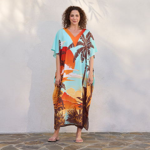 Take It Easy Caftan, sunset & palm trees beach cover-up, pool & beach cover up, artist designed caftan, kaftan beach coverup, resortwear 