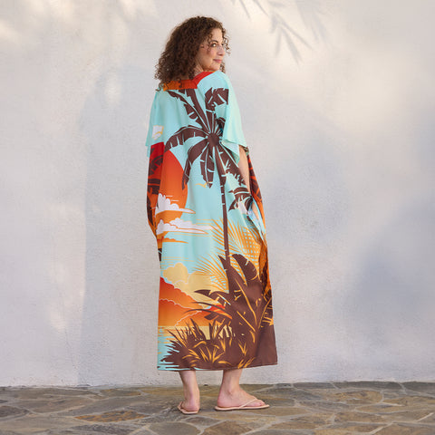 Take It Easy Caftan, sunset & palm trees beach cover-up, pool & beach cover up, artist designed caftan, kaftan beach coverup, resortwear 