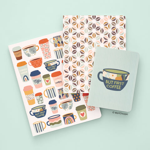 but first, coffee journal set, notebook gift set, notebook paper, cute notebooks, small notebook, journal notebook, journal set, sewn notepads