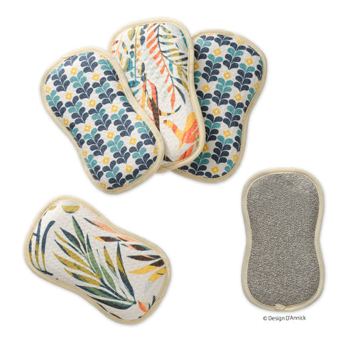 Art by Annick Schmidt-Reichardt, colorful leaves scrubby set, dual-sided reusable kitchen sponges, machine washable kitchen sponges, 
non-abrasive waffle weave microfiber sponge, set of 4 reusable kitchen scrubbies