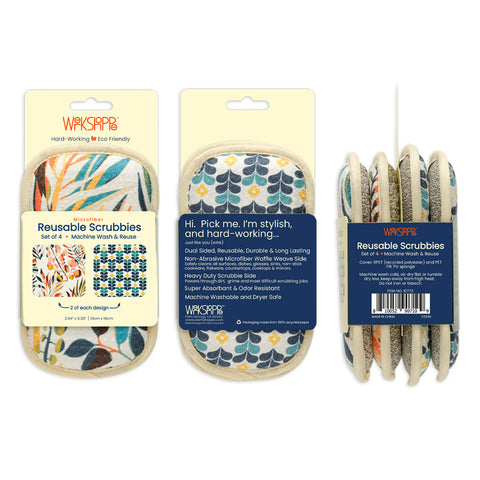 Art by Annick Schmidt-Reichardt, colorful leaves scrubby set, dual-sided reusable kitchen sponges, machine washable kitchen sponges, 
non-abrasive waffle weave microfiber sponge, set of 4 reusable kitchen scrubbies