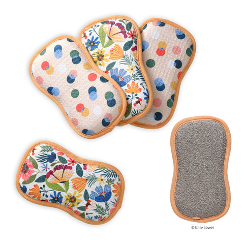 Field Of Flowers Scrubby Set, art by kate lower, dual-sided reusable kitchen sponges, machine washable kitchen sponges,
non-abrasive waffle weave microfiber sponge,
set of 4 reusable kitchen scrubbies