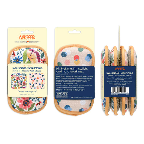 Field Of Flowers Scrubby Set, art by kate lower, dual-sided reusable kitchen sponges, machine washable kitchen sponges,
non-abrasive waffle weave microfiber sponge,
set of 4 reusable kitchen scrubbies