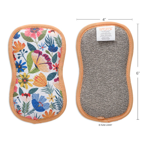 Field Of Flowers Scrubby Set, art by kate lower, dual-sided reusable kitchen sponges, machine washable kitchen sponges,
non-abrasive waffle weave microfiber sponge,
set of 4 reusable kitchen scrubbies