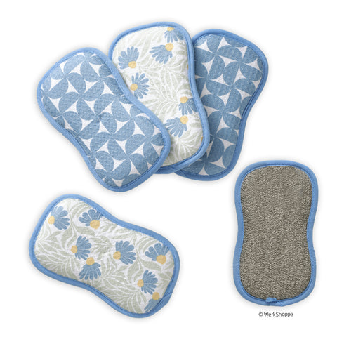 Blue Coneflower Scrubby Set, dual-sided reusable kitchen sponges, machine washable kitchen sponges, 
non-abrasive waffle weave microfiber sponge,
set of 4 reusable kitchen scrubbies