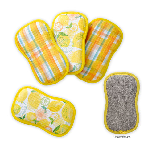dual-sided reusable kitchen sponges, machine washable kitchen sponges, scrubby set, non-abrasive waffle weave microfiber sponge,
set of 4 reusable kitchen scrubbies, lemon plaid scrubby set