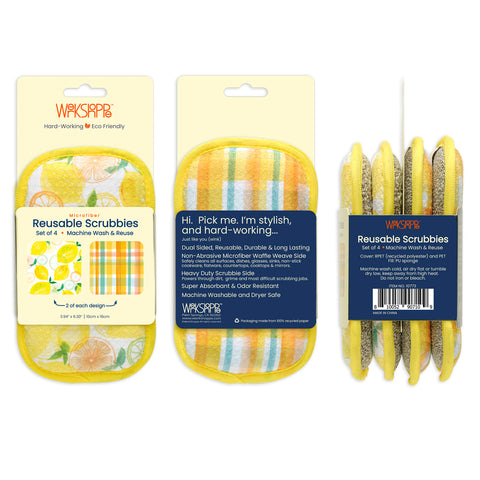 dual-sided reusable kitchen sponges, machine washable kitchen sponges, scrubby set, non-abrasive waffle weave microfiber sponge,
set of 4 reusable kitchen scrubbies, lemon plaid scrubby set