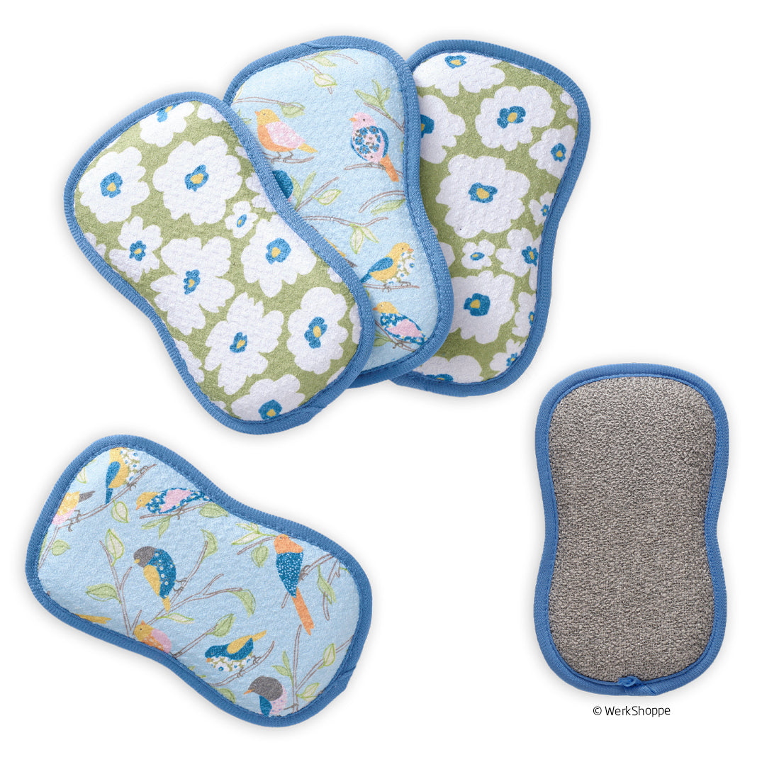 Floral Finch & Friends Scrubby Set, dual-sided reusable kitchen sponges, machine washable kitchen sponges, 
non-abrasive waffle weave microfiber sponge, set of 4 reusable kitchen scrubbies