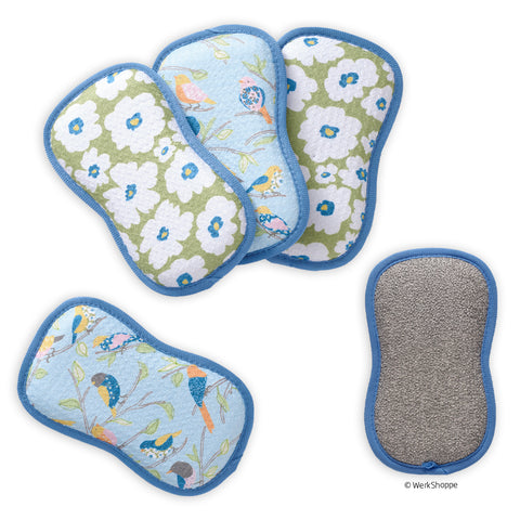 Floral Finch & Friends Scrubby Set, dual-sided reusable kitchen sponges, machine washable kitchen sponges, 
non-abrasive waffle weave microfiber sponge, set of 4 reusable kitchen scrubbies