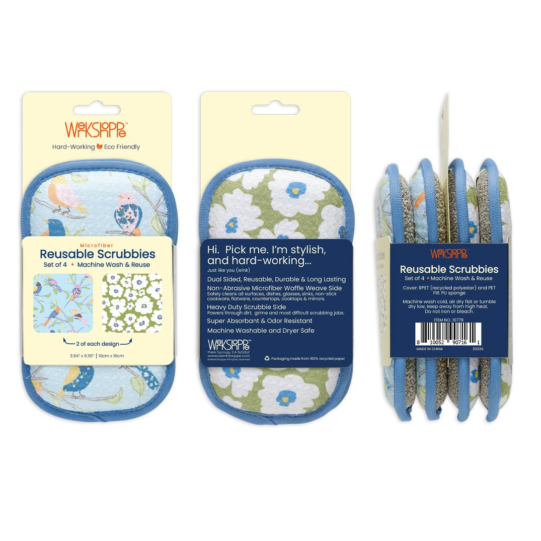 Floral Finch & Friends Scrubby Set, dual-sided reusable kitchen sponges, machine washable kitchen sponges, 
non-abrasive waffle weave microfiber sponge, set of 4 reusable kitchen scrubbies