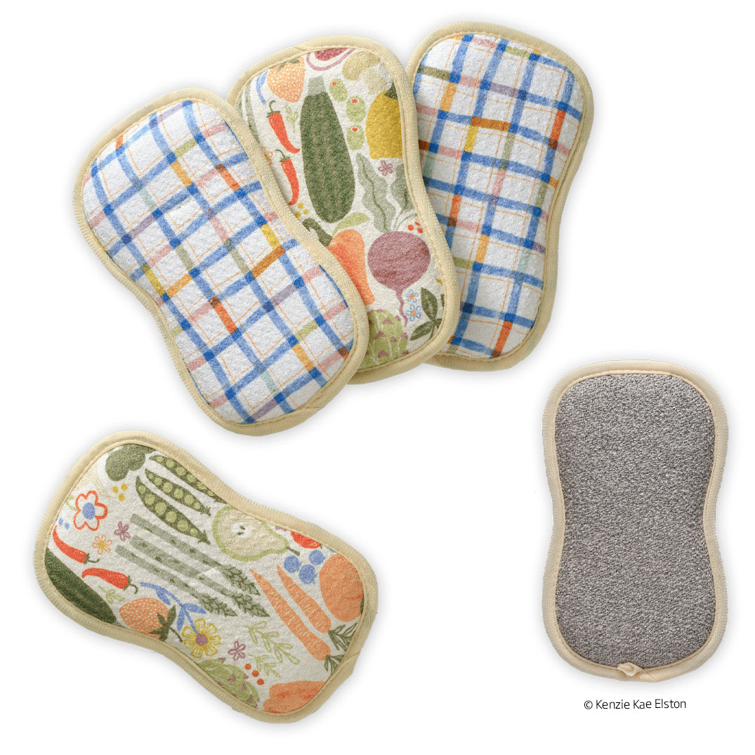 Art by Kenzie Kae Elston, farm stand scrubby set, dual-sided reusable kitchen sponges, machine washable kitchen sponges, 
non-abrasive waffle weave microfiber sponge, set of 4 reusable kitchen scrubbies