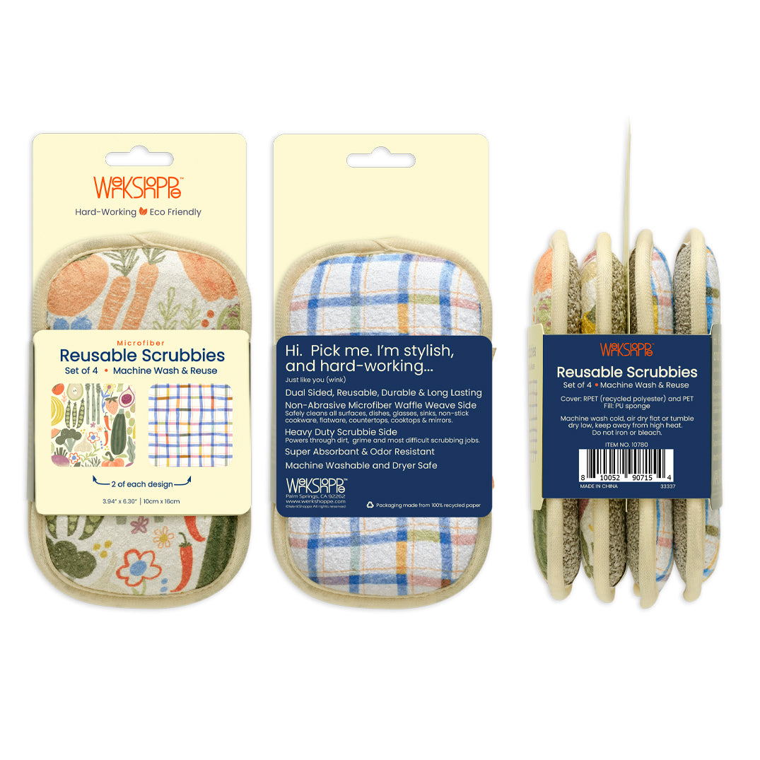 Art by Kenzie Kae Elston, farm stand scrubby set, dual-sided reusable kitchen sponges, machine washable kitchen sponges, 
non-abrasive waffle weave microfiber sponge, set of 4 reusable kitchen scrubbies