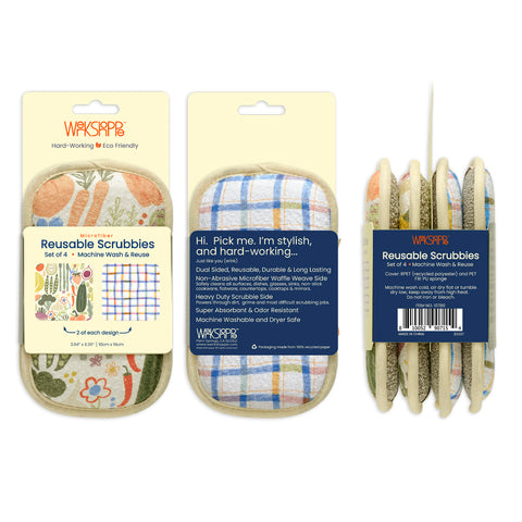 Art by Kenzie Kae Elston, farm stand scrubby set, dual-sided reusable kitchen sponges, machine washable kitchen sponges, 
non-abrasive waffle weave microfiber sponge, set of 4 reusable kitchen scrubbies