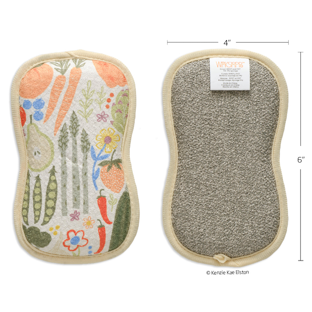 Art by Kenzie Kae Elston, farm stand scrubby set, dual-sided reusable kitchen sponges, machine washable kitchen sponges, 
non-abrasive waffle weave microfiber sponge, set of 4 reusable kitchen scrubbies
