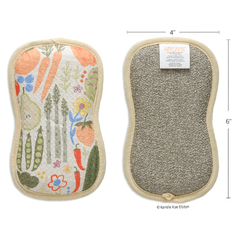 Art by Kenzie Kae Elston, farm stand scrubby set, dual-sided reusable kitchen sponges, machine washable kitchen sponges, 
non-abrasive waffle weave microfiber sponge, set of 4 reusable kitchen scrubbies