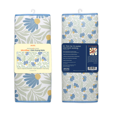 Blue Coneflower Dish Drying Mats, microfiber dish drying mats, Ultra Absorbent & Quick Drying, High performance waffle weave, 
set of 2, machine washable