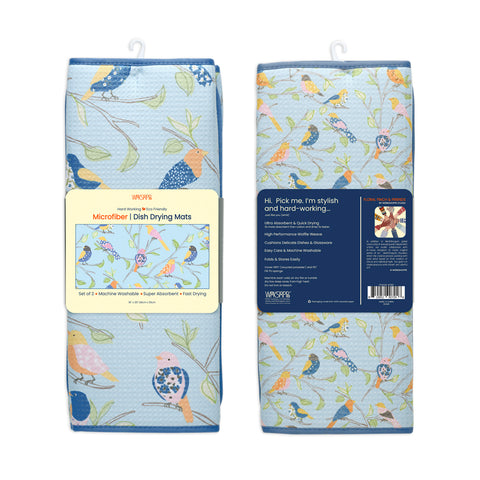 Floral Finch & Friends Dish Drying Mats, microfiber dish drying mats, Ultra Absorbent & Quick Drying,
High performance waffle weave
set of 2, machine washable