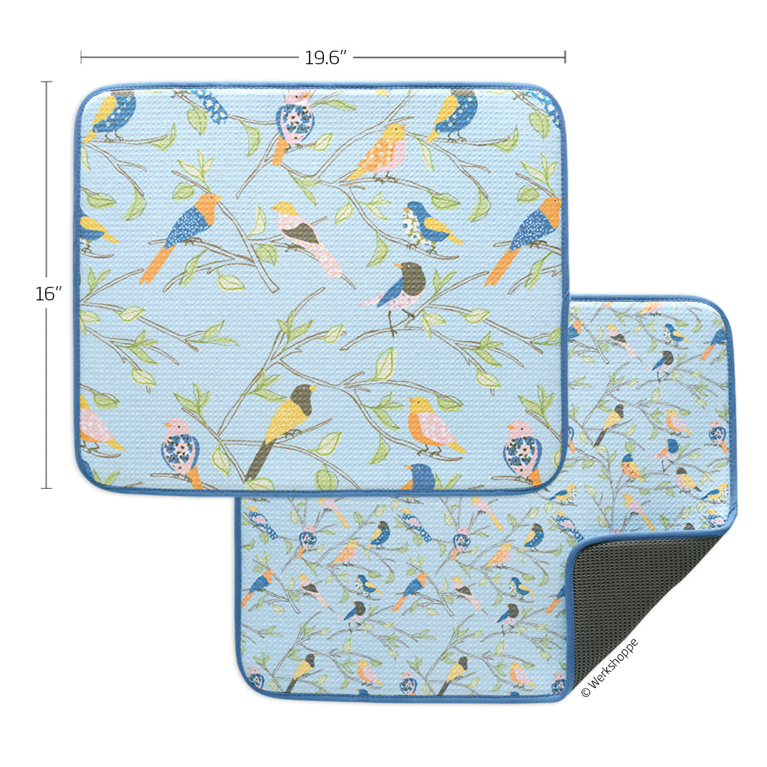 Floral Finch & Friends Dish Drying Mats, microfiber dish drying mats, Ultra Absorbent & Quick Drying,
High performance waffle weave
set of 2, machine washable