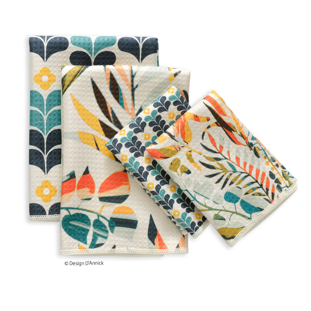 Art by Annick Schmidt-Reichardt, colorful leaves all purpose towel set, high performance waffle weave kitchen towels, set of 4 microfiber towels, dish towel sets, microfiber dish towels