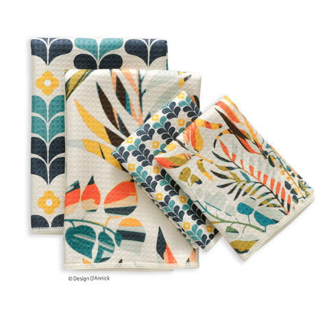 Art by Annick Schmidt-Reichardt, colorful leaves all purpose towel set, high performance waffle weave kitchen towels, set of 4 microfiber towels, dish towel sets, microfiber dish towels