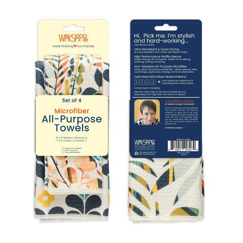 Art by Annick Schmidt-Reichardt, colorful leaves all purpose towel set, high performance waffle weave kitchen towels, set of 4 microfiber towels, dish towel sets, microfiber dish towels