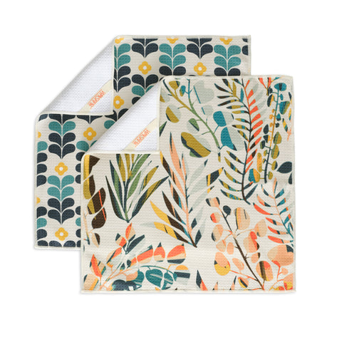 Art by Annick Schmidt-Reichardt, colorful leaves all purpose towel set, high performance waffle weave kitchen towels, set of 4 microfiber towels, dish towel sets, microfiber dish towels