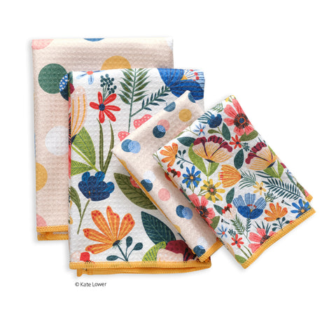 Field Of Flowers All Purpose Towel Set, art by Kate Lower, dish towel sets, microfiber dish towels, microfiber towel sets, kitchen towel set, set of 4 microfiber dish towels, kitchen towels, all purpose towels, waffle weave dish towels