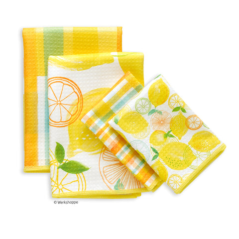 Art by Magrikie Berg, lemon plaid towel set, set of 4 microfiber dish towels, kitchen towels, all purpose towels, waffle weave dish towels