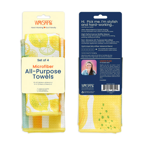 Art by Magrikie Berg, lemon plaid towel set, set of 4 microfiber dish towels, kitchen towels, all purpose towels, waffle weave dish towels