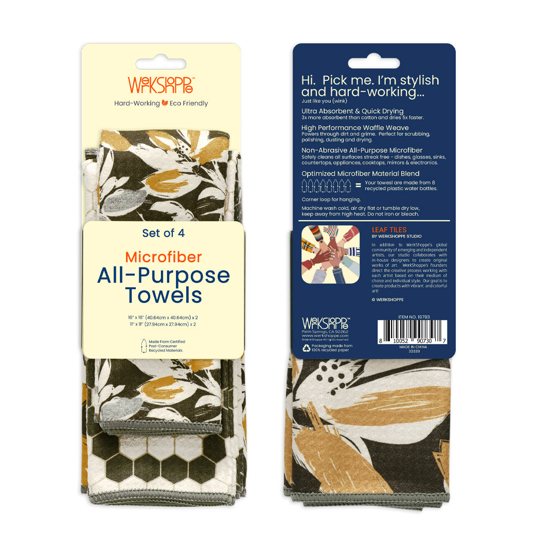 Leaf Tiles All Purpose Towel Set,  set of 4 microfiber dish towels, kitchen towels, all purpose towels, waffle weave dish towels