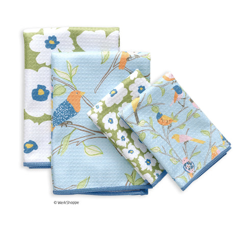 set of 4 microfiber dish towels, kitchen towels, all purpose towels, waffle weave dish towels, high performance waffle weave kitchen towels, set of microfiber towels, floral finch & friends microfiber kitchen dish cloths, microfiber tow