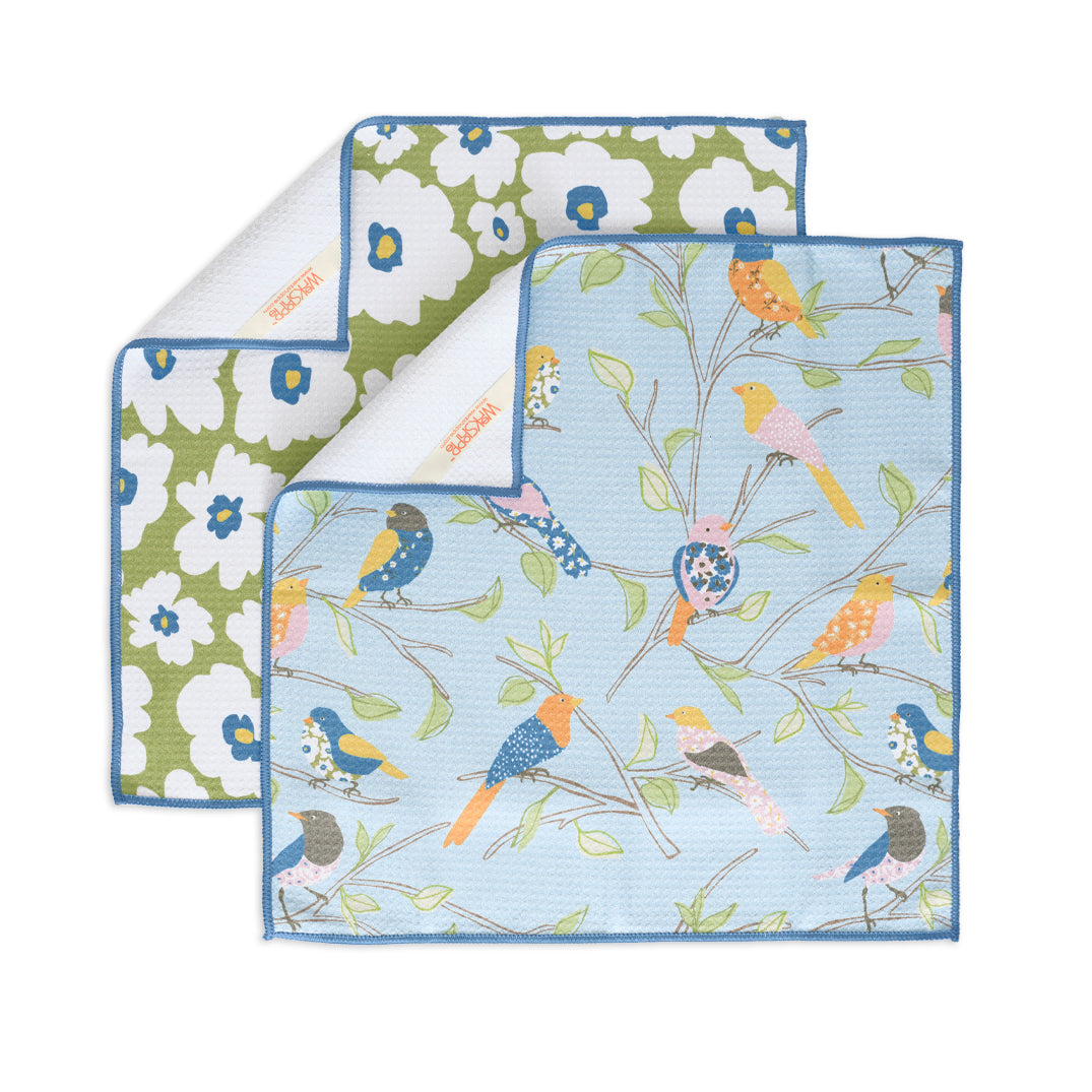 set of 4 microfiber dish towels, kitchen towels, all purpose towels, waffle weave dish towels, high performance waffle weave kitchen towels, set of microfiber towels, floral finch & friends microfiber kitchen dish cloths, microfiber tow