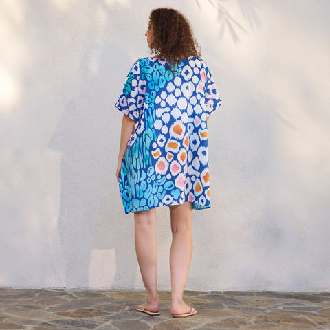 Jaguar Blue Halftan, animal print half-length caftan, pool & beach cover-up, kaftan, longewear, resortwear