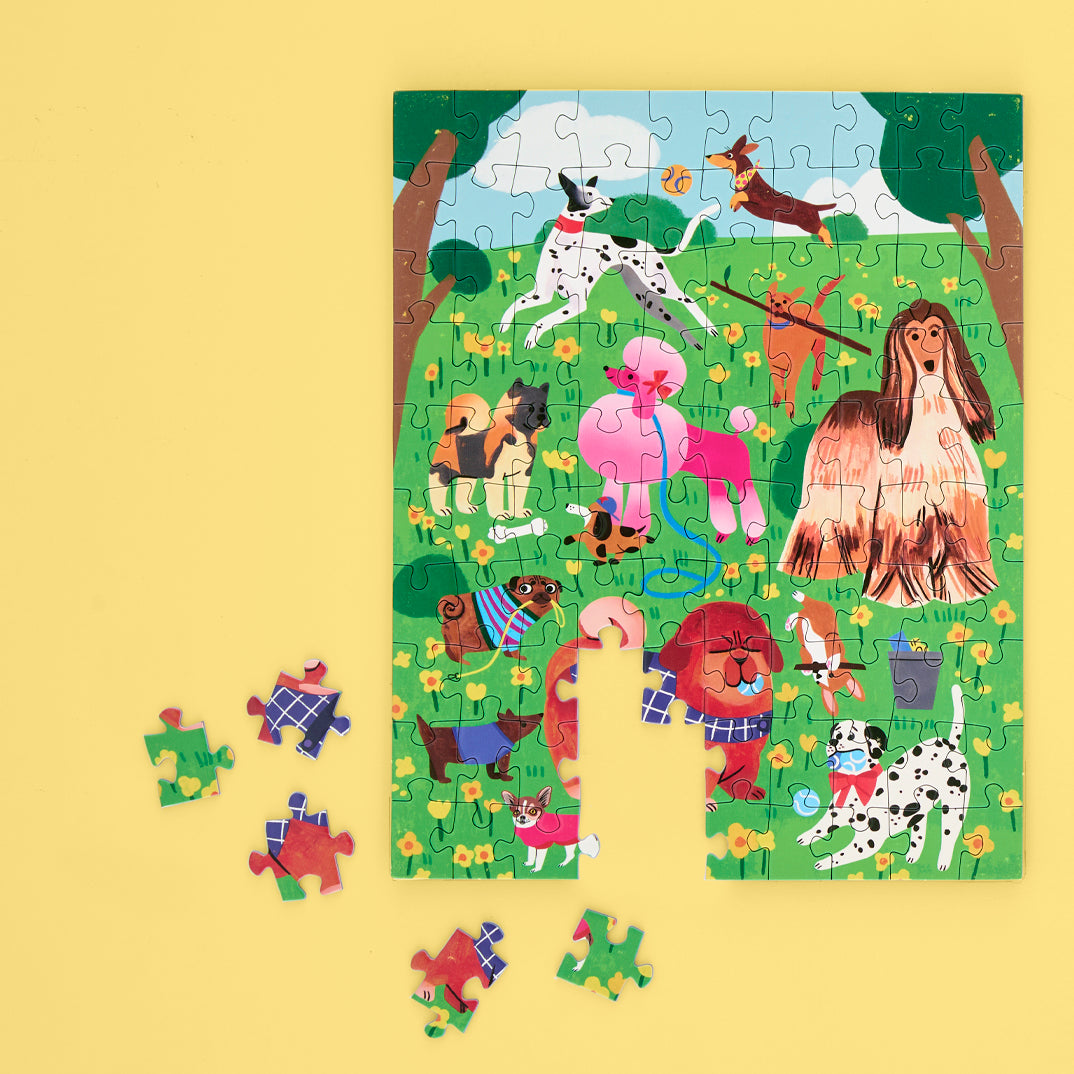 Puppy Park 100 Piece Puzzle Snax, art by emma jayne, puppy puzzle, dog lovers, dogs in a park, kids puzzle