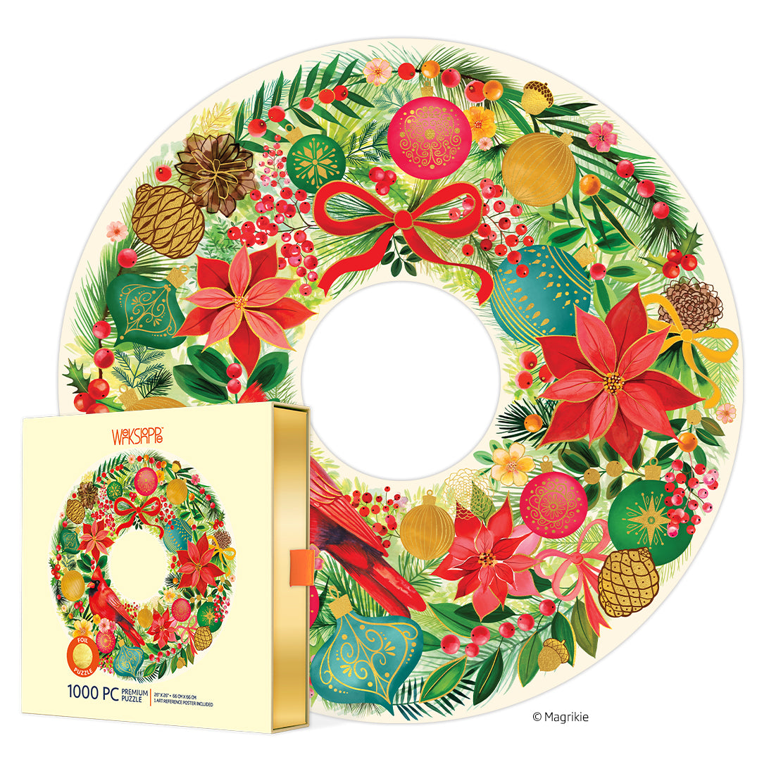Holiday Wreath-Shaped 1000 Piece Puzzle | Gold Foil Accents