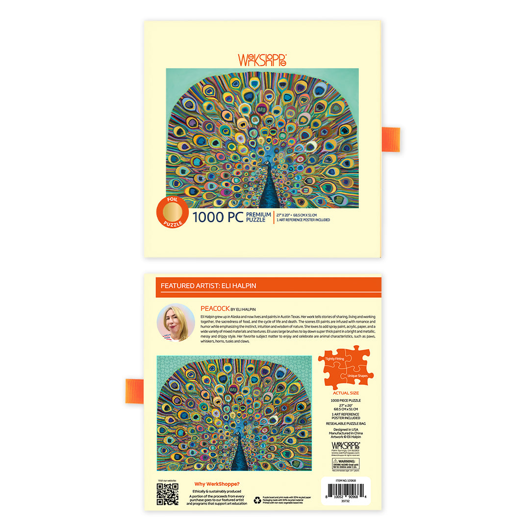Peacock 1000 Piece Puzzle, jigsaw puzzle for adults, WerkShoppe puzzles, eco-friendly puzzle, puzzles for mental health
