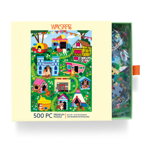 Doggie Dreamhouse 500 Piece Puzzle, dog lovers, gifts for animal lovers, jigsaw puzzles for adults, eco-friendly & sustainable, artist designed puzzles, cool jigsaw puzzles
