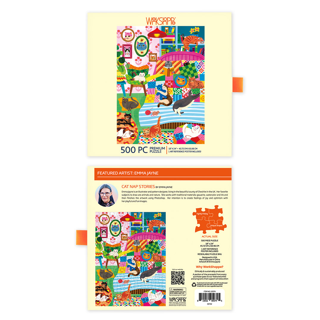Cat Nap Stories 500 Piece Puzzle, jigsaw puzzles for adults, eco-friendly & sustainable, artist designed puzzles, cool jigsaw puzzles