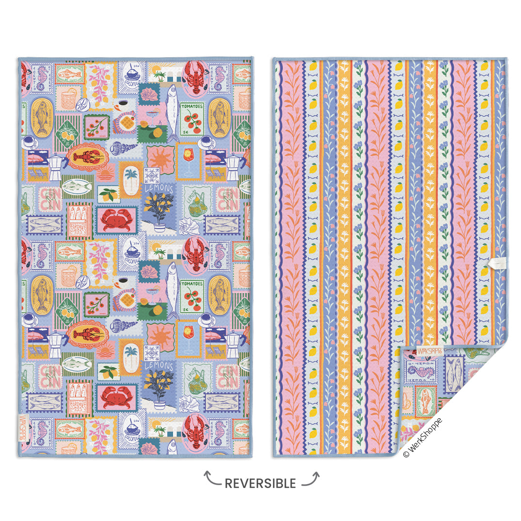 Mediterranean Summer Microfiber Kitchen Towel,  Reversible Microfiber Kitchen Towel, optimized waffle weave, eco-friendly kitchen towels, 