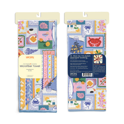 Mediterranean Summer Microfiber Kitchen Towel,  Reversible Microfiber Kitchen Towel, optimized waffle weave, eco-friendly kitchen towels, 