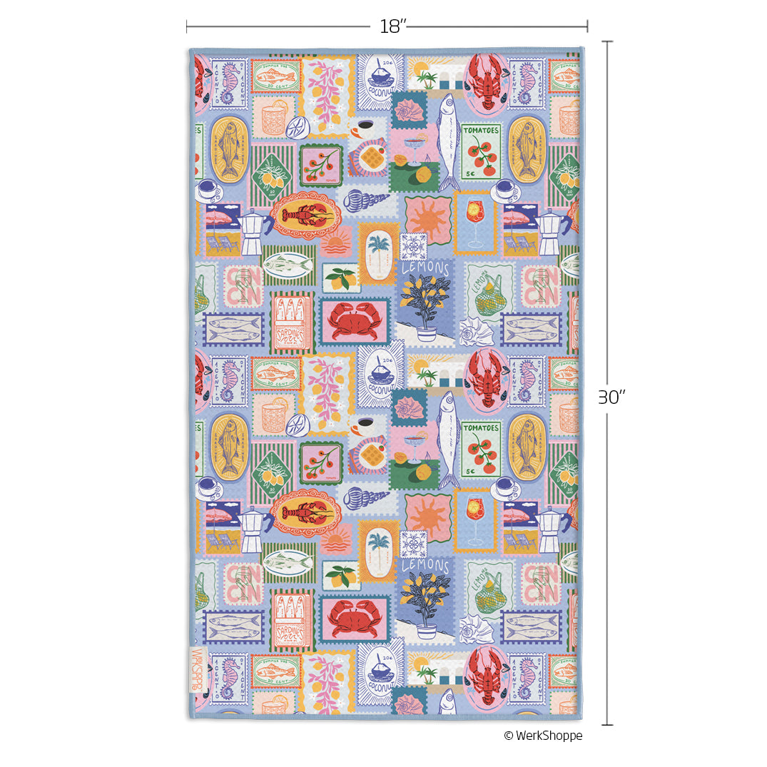 Mediterranean Summer Microfiber Kitchen Towel,  Reversible Microfiber Kitchen Towel, optimized waffle weave, eco-friendly kitchen towels, 