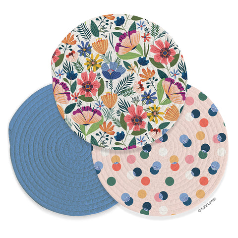 Field of Flowers Cotton Kitchen Trivets, Table & Countertop Protection, set of 3 round cotton trivets, Multi-purpose & durable