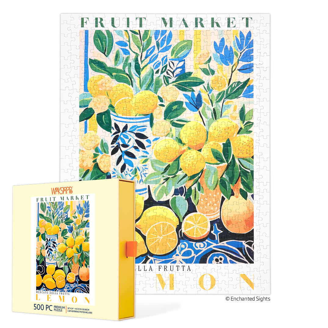 Fruit Market Lemons 500 Piece Puzzle, jigsaw puzzles for adults, eco-friendly & sustainable, artist designed puzzles, cool jigsaw puzzles, summer artwork, mediterranean art puzzle
