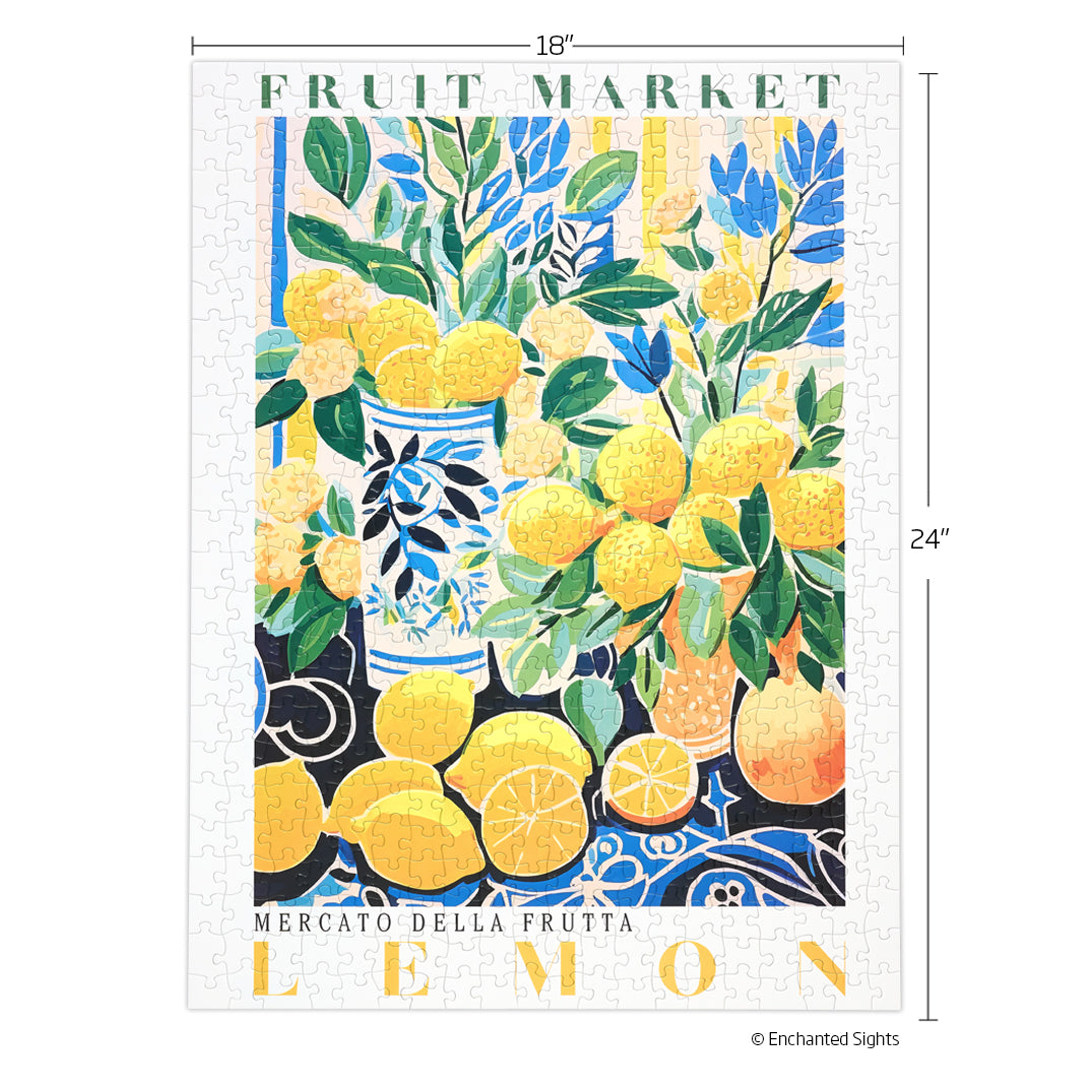 Fruit Market Lemons 500 Piece Puzzle, jigsaw puzzles for adults, eco-friendly & sustainable, artist designed puzzles, cool jigsaw puzzles, summer artwork, mediterranean art puzzle